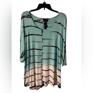 Aqua, navy and white tie-dyed, tunic size medium Striped Women's Top